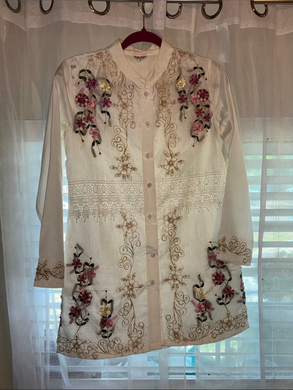 P-Numa Embroidered Floral Button-Up Tunic -Cream Pink & Green Details, Size: S